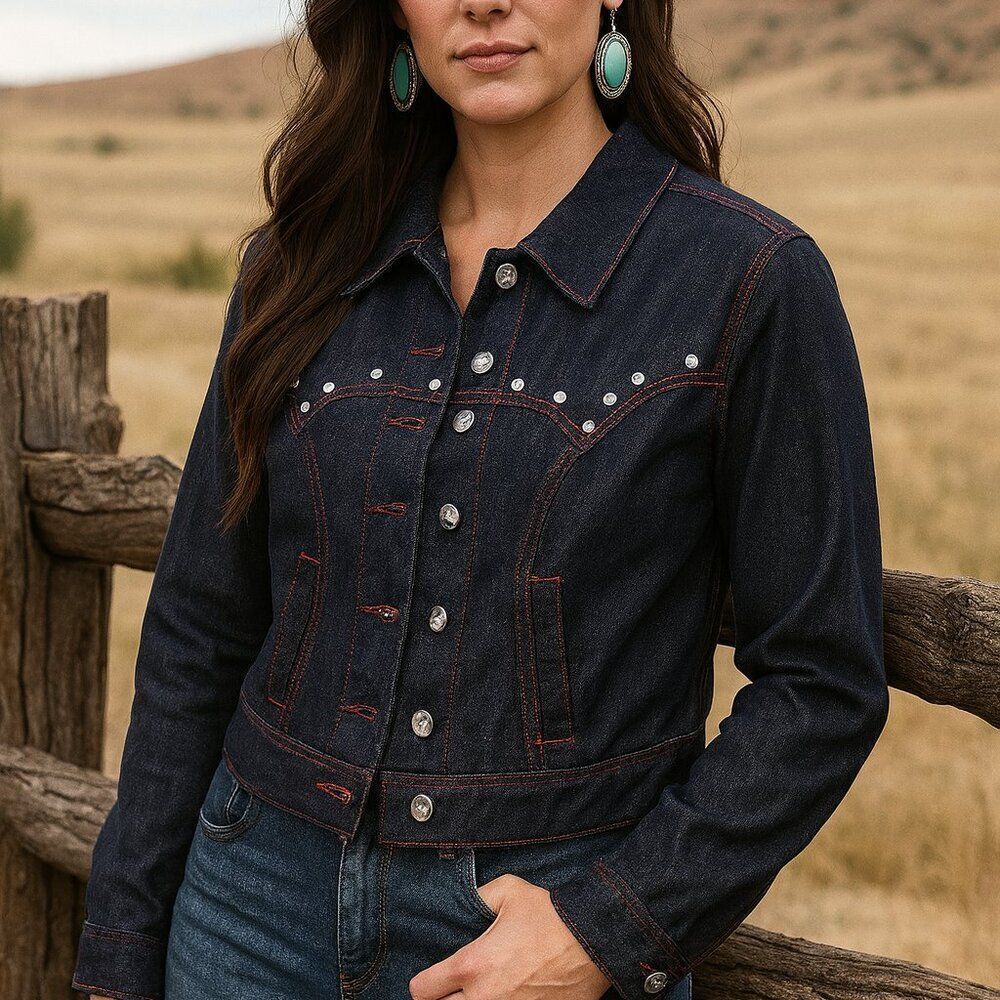 Unique Vintage Dark Denim rhinestone Western Boxy Crop Jacket L